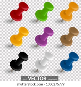 collection of nine pin needles in different colors with vector transparency