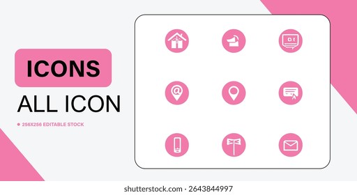 A collection of nine pink circular icons featuring symbols for home, megaphone, computer, email, and location, set against a white background.