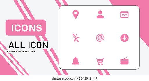 A collection of nine pink icons for various applications, including location, user, email, shopping cart, and notifications, on a white background.