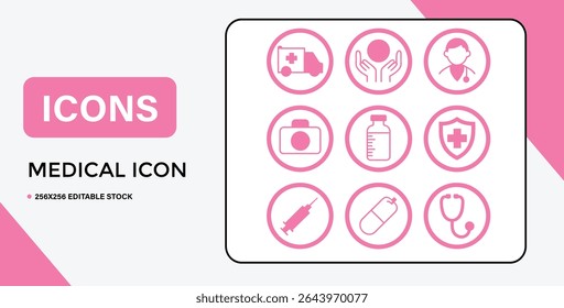 A collection of nine pink medical icons featuring an ambulance, doctor, stethoscope, pill, syringe, and medicine bottle.