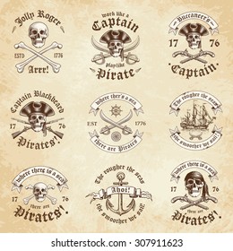 Collection of Nine Pirate Logos and Insignias with a vintage Grunge look