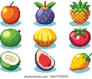 A collection of nine pixelated fruits including an apple, plum, pineapple, melon, lemon, tomato, coconut, fig, and strawberry, each with a distinct color palette and shadow.