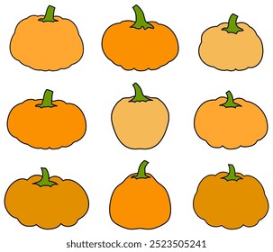 Una colección de nueve calabazas simples en diferentes tonos de naranja. Ilustración vectorial perfecta para decoraciones de otoño y Halloween.