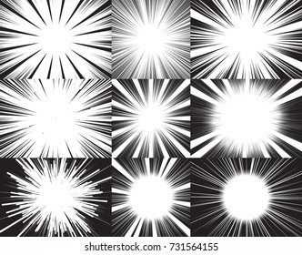 Collection of nine radial speed lines backgrounds for comic books. Black and white vector illustration