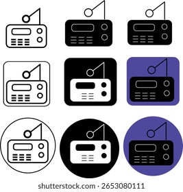 Uma coleção de nove ícones de rádio em vários estilos, formas e esquemas de cores, apresentados sobre um fundo transparente
