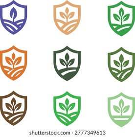 Collection of nine shield logos featuring plant sprouts and field lines in blue, orange, green, brown, and gold colors. Symbolizes farm protection, organic agriculture, sustainable farming, crop security, and eco farming. Modern flat vector style perfect for organic farms, agricultural companies, crop insurance, seed brands, agritech startups, farming cooperatives, and environmental NGOs. Isolated on white background.