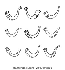 A collection of nine shofar horns in a black and white outline style.
