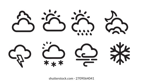 A collection of nine simple, black line icons depicting various weather conditions.