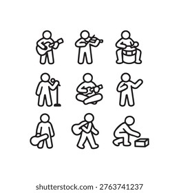 A collection of nine simple black line icons depicting various musicians and street performers, including singers, guitarists, violinists, and drummers.