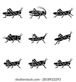 A collection of nine simple black silhouette icons depicting grasshoppers in various poses, designed for educational materials, nature study, and insect graphics.