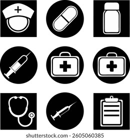 A collection of nine simple, black and white icons representing various medical supplies and tools.