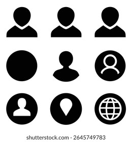 A collection of nine simple black and white user interface icons depicting profile avatars, a location marker, and a globe.  The style is minimalist and geometric.