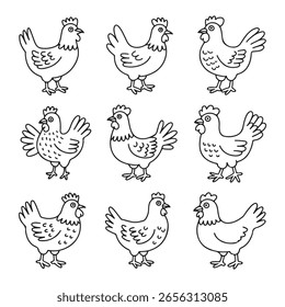 A collection of nine simple black and white line drawings of chickens arranged in a 3x3 grid on a white background.