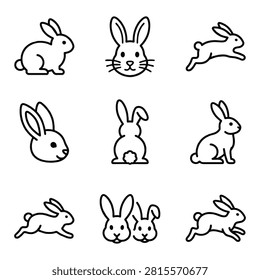 A collection of nine simple black and white line art icons depicting various poses and views of cute rabbits and bunnies, suitable for Easter or animal themes.
