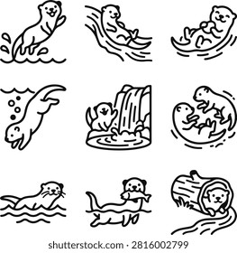 A collection of nine simple black and white line art icons depicting cute otters in various playful activities in water.