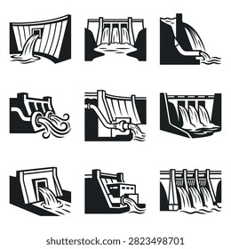Collection of nine simple black and white illustrations of dams with water flowing through them