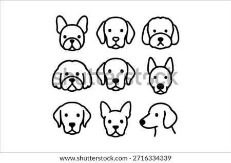 A collection of nine simple, black and white dog head icons arranged in a grid pattern.