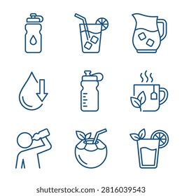 A collection of nine simple blue outline icons featuring water bottles, tea, fruit juices, coconut, and hydration symbols on a white background