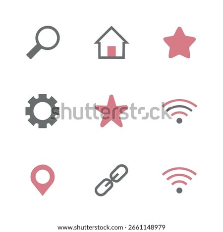 Collection of nine simple flat icons in grey and pink on white background graphic 1