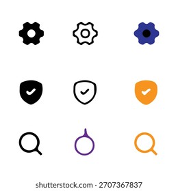 Eine Sammlung von neun einfachen Symbolen, die Einstellungen, Sicherheit und Suche darstellen und in Schwarz, Weiß, Blau und Orange angezeigt werden.