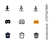A collection of nine simple icons in three rows, featuring download arrows, Discord logos, and trash cans in various styles and colors.