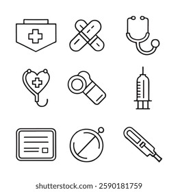 A collection of nine simple line art icons representing various medical tools and supplies.