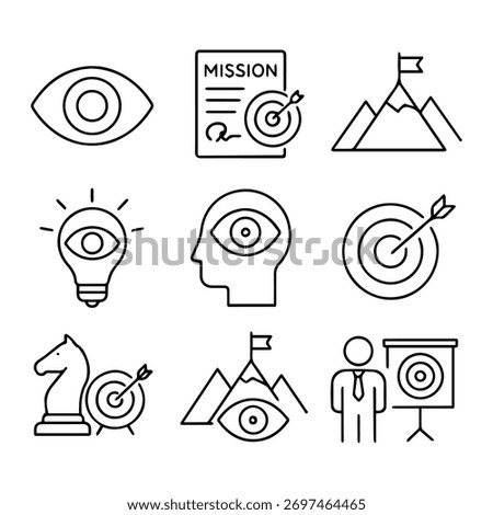 A collection of nine simple line art icons, focused on business strategy, vision, and goals. Icons include eye, lightbulb, head, target, mountains, flag, document, knight, and person.