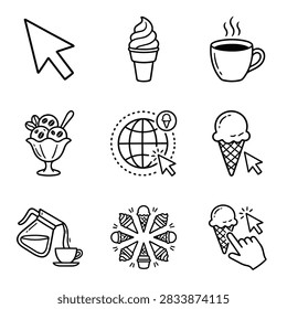 A collection of nine simple line drawings depicting various food items and online shopping elements like cursors and globes.