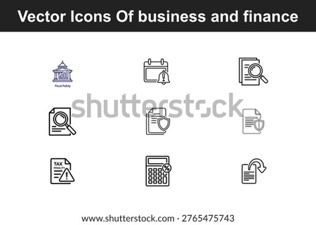 A collection of nine simple line-art icons related to business, finance, and administration. The icons are arranged in a 3x3 grid on a white background with a dark header bar at the top that says Vector Icons Of business and finance. 