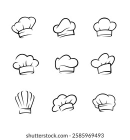 A collection of nine simple line-drawn chef hats. Each hat has a unique shape and style, showcasing various designs of traditional chef head wear.