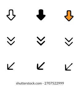 Una colección de nueve simples y estilizados iconos de flecha en blanco y negro, con una flecha naranja, que indica direcciones hacia abajo o diagonales.