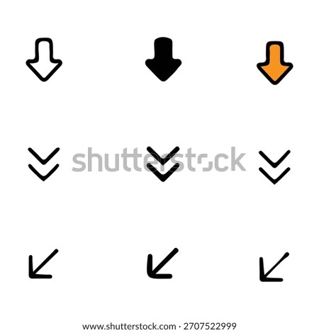 A collection of nine simple, stylized arrow icons in black and white, with one orange arrow, indicating downward or diagonal directions.