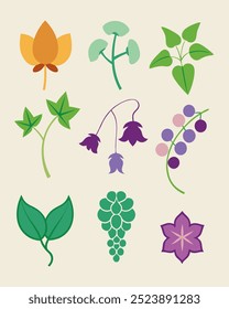 A collection of nine simple, stylized illustrations of various flowers and plants. Ideal for adding a touch of nature to your designs, these graphics are perfect for creating patterns, backgrounds.