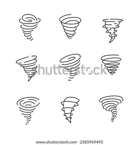A collection of nine simple tornado line drawings on white background.