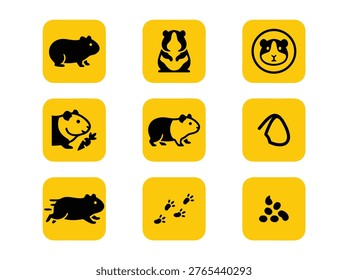 A collection of nine simple vector icons depicting guinea pigs in various poses, including walking, eating, and their footprints on square yellow buttons.