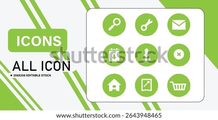 A collection of nine simple, white icons on green circular backgrounds, representing various functions and actions.