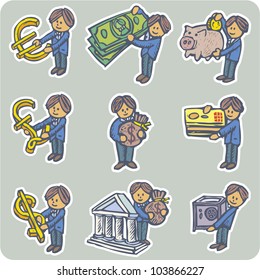 Collection of nine situations about people and money