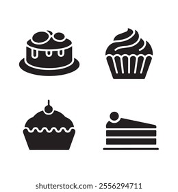 A collection of nine sleek black and white vector icons representing a variety of desserts
