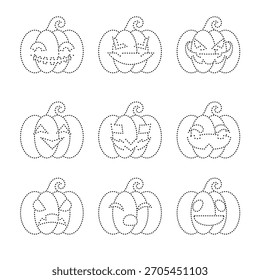 Una colección de nueve bocetos de calabaza trazados suavemente con diversas expresiones de Halloween, ideales para borradores, hojas para colorear y cimientos de diseño.