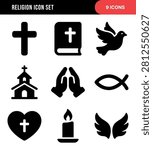 A collection of nine solid black icons symbolizing religious faith and spiritual concepts, including a cross, Bible, dove, church, prayer hands, fish symbol, heart, candle, and wings.