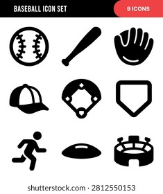 A collection of nine solid black icons representing various elements of baseball, including a baseball, bat, glove, cap, field, home plate, runner, base, and stadium.