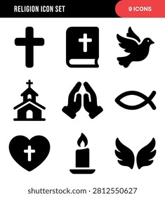 A collection of nine solid black icons symbolizing religious faith and spiritual concepts, including a cross, Bible, dove, church, prayer hands, fish symbol, heart, candle, and wings.