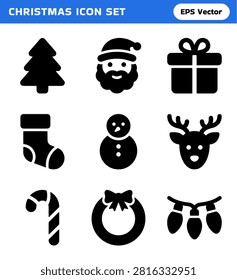 A collection of nine solid black icons representing various festive Christmas symbols, perfect for holiday-themed designs and applications.