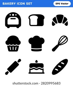 A collection of nine solid black icons representing various bakery items and baking tools, presented on a clean white background.