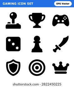 A collection of nine solid black icons representing various gaming elements including a joystick, trophy, controller, dice, chess pawn, sword, shield, target, and crown.
