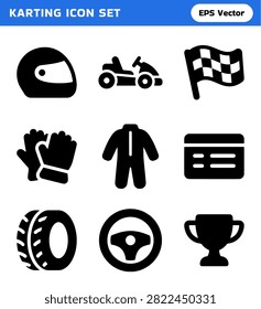 A collection of nine solid black icons representing various aspects of karting and racing, including a helmet, kart, checkered flag, gloves, racing suit, tire, steering wheel, trophy, and a ticket or card.