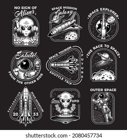 Collection of nine space exploration logos. Vector Illustration.