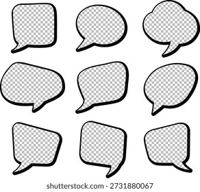 A collection of nine speech bubbles arranged in a 3x3 grid. Each speech bubble has a distinct shape and is outlined in black with a checkered pattern inside. The speech bubbles vary in size and orientation, adding visual interest to the composition.