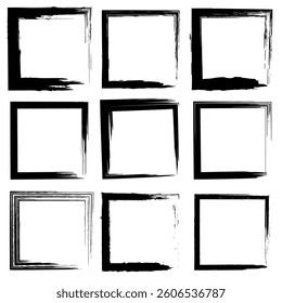 Collection of nine square grunge brush stroke frames in black. Each frame has a unique design, perfect for creative projects, invitations, or digital art.
