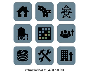 A collection of nine square icons depicting various aspects of infrastructure and economic growth, including housing, roads, power, water, and finance.